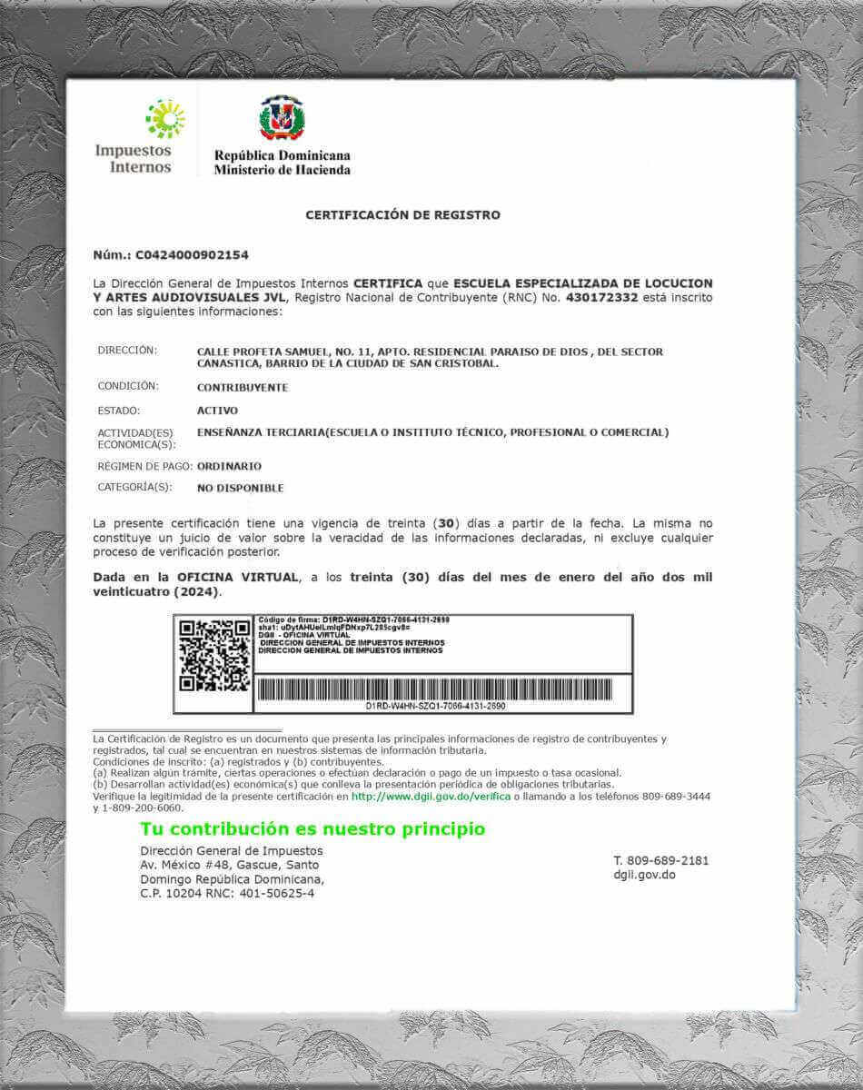 La Escuela de Locución y Cine JVL Recibe Acreditación de la DGII: Legalidad y Reconocimiento Garantizados